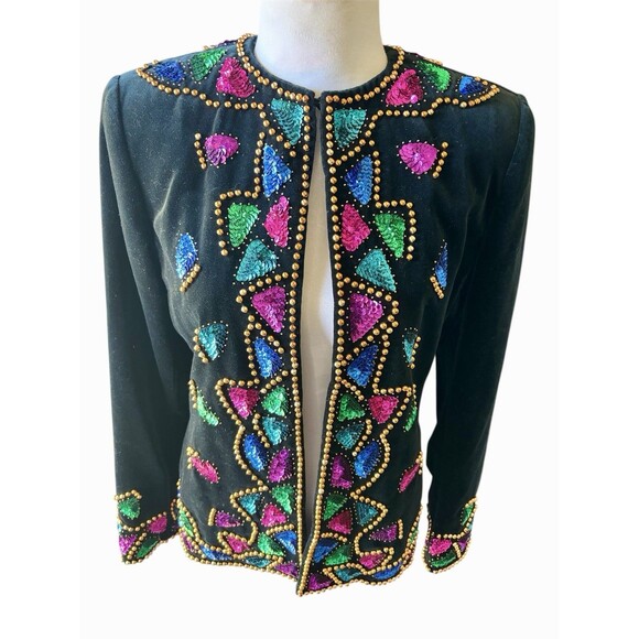 Vtg Ornate Jewels Colorful Sequin Studded Black Velvet Whimsigoth Witch Blazer 4 - Picture 1 of 9
